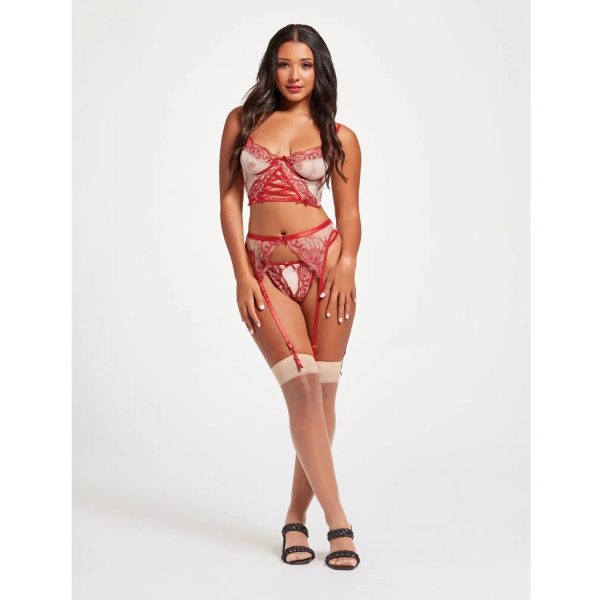 Floral Contrast Embroidery Bustier, Garter Belt & Thong Set Discount